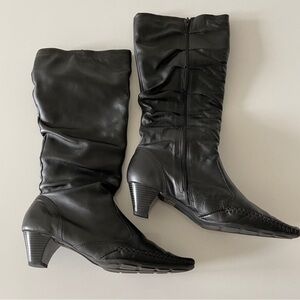 Black Leather Pointed Toe Kitten Heel Boots with stitching detail size EU37